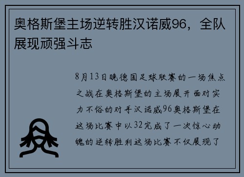奥格斯堡主场逆转胜汉诺威96，全队展现顽强斗志